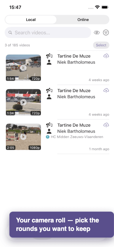 iOS local library showing camera-roll videos ready to upload