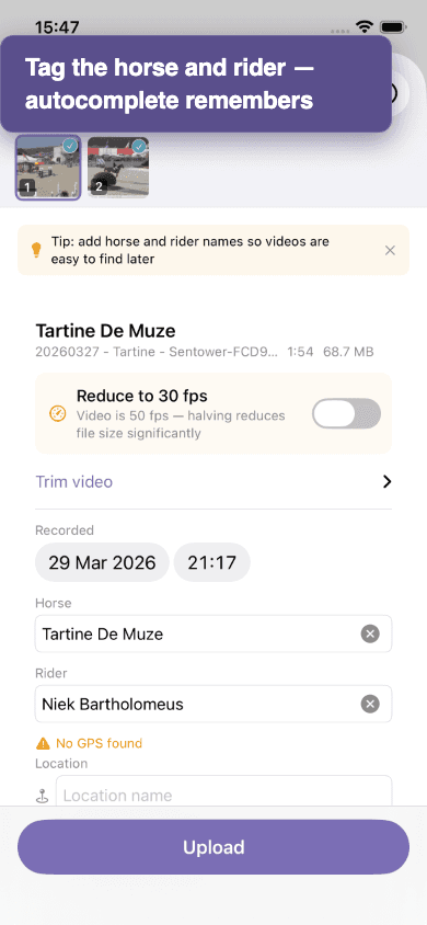 Upload sheet with horse and rider fields auto-filled