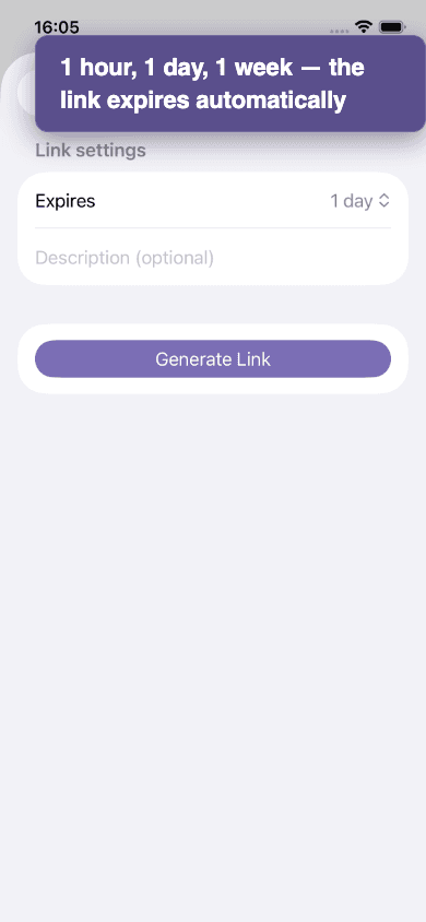 Share-link expiration picker (1 hour / 1 day / 1 week)