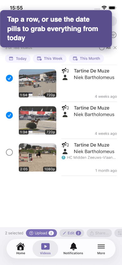Select mode with date filter pills and multiple rows ticked