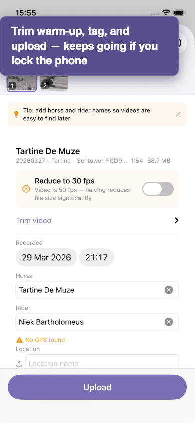 Upload sheet showing Trim, horse and rider fields, and the Upload button