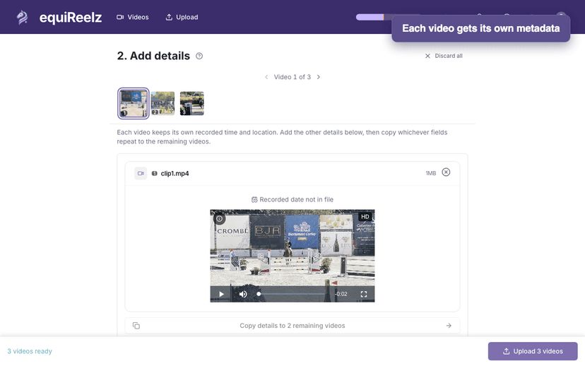 Multi-row upload state with filmstrip and per-row metadata