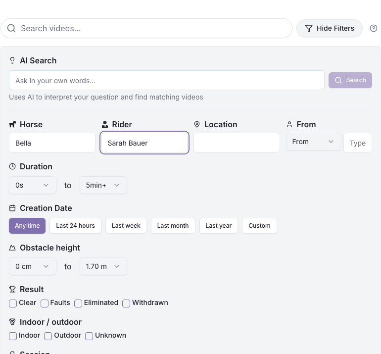 Advanced search filters — horse, rider, location, date