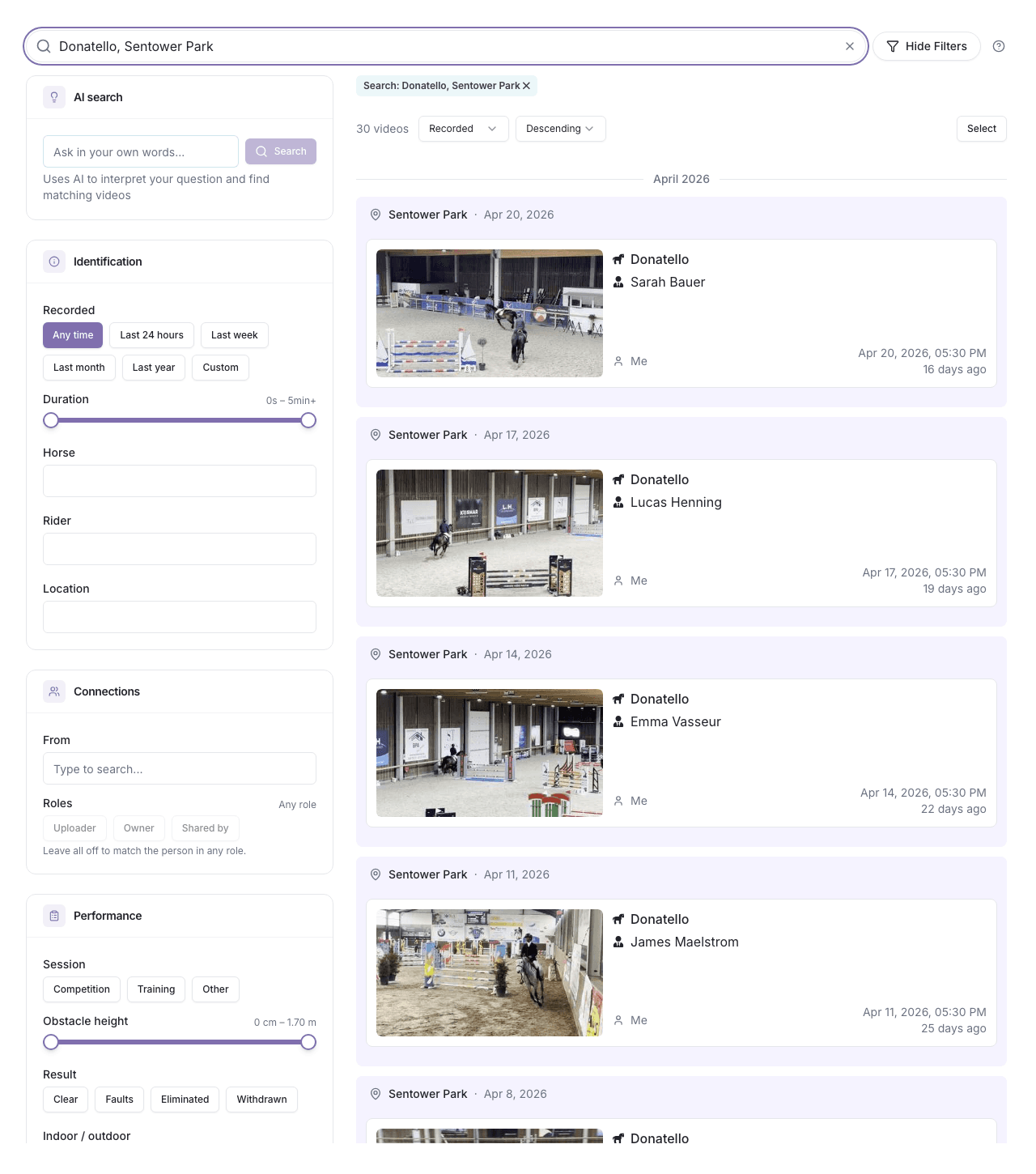 Advanced search — filter by horse, rider, location, date — with matching video results