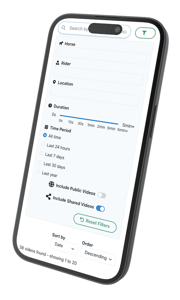 Equestrian video search interface showing filters for horse, rider, and location