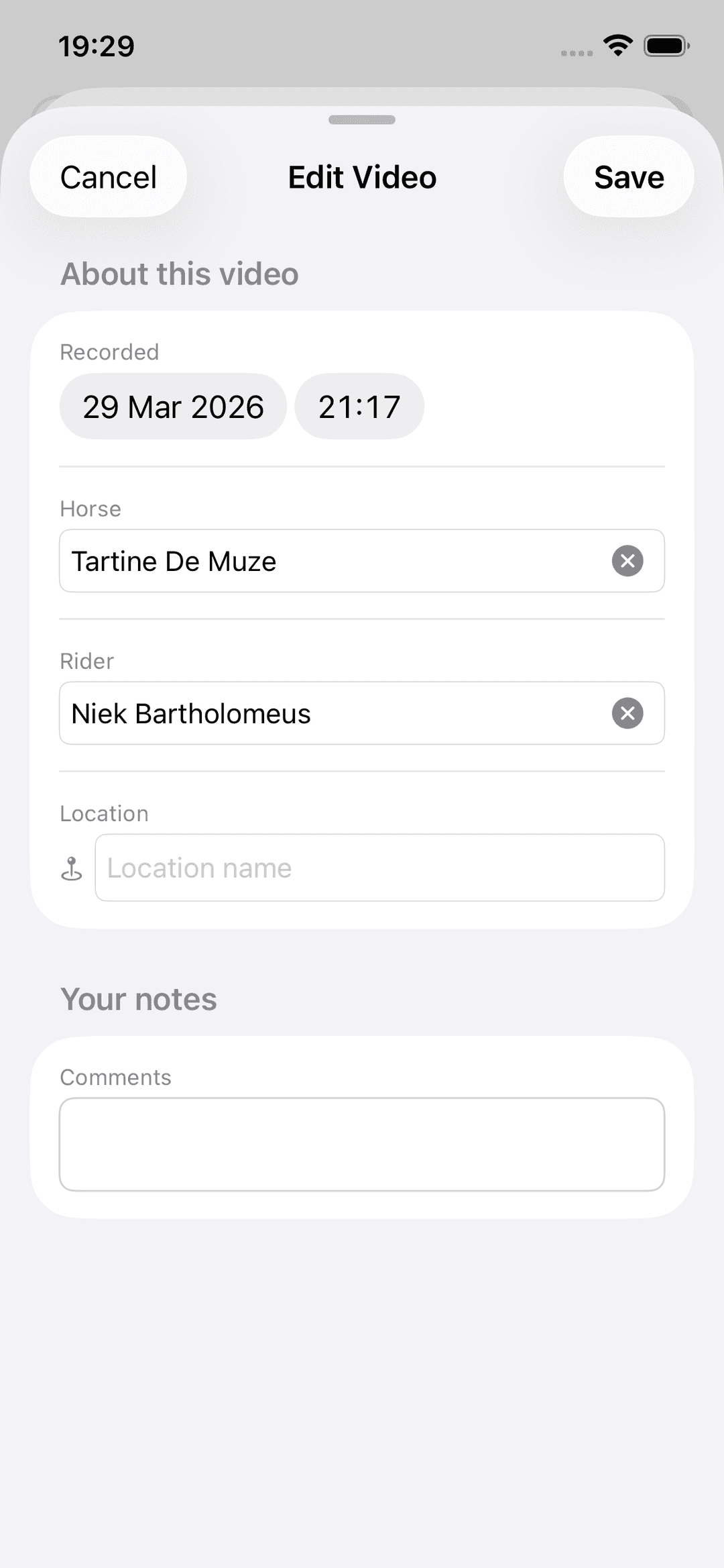 Edit metadata sheet on iPhone — tag horse, rider, location