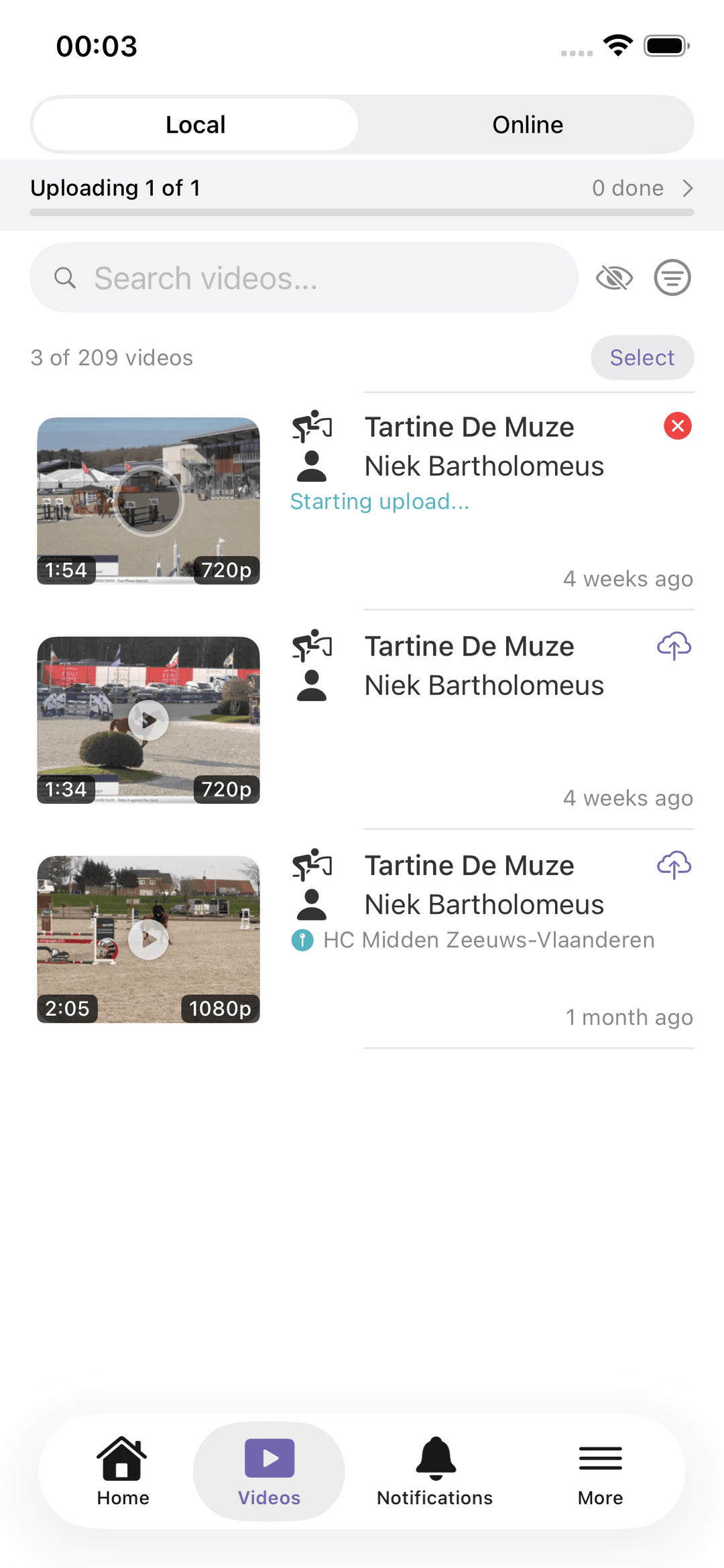 Local video list on iPhone with one video uploading