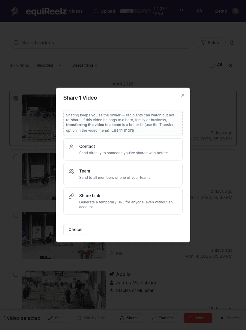 Share dialog — pick contact, team, or generate a link