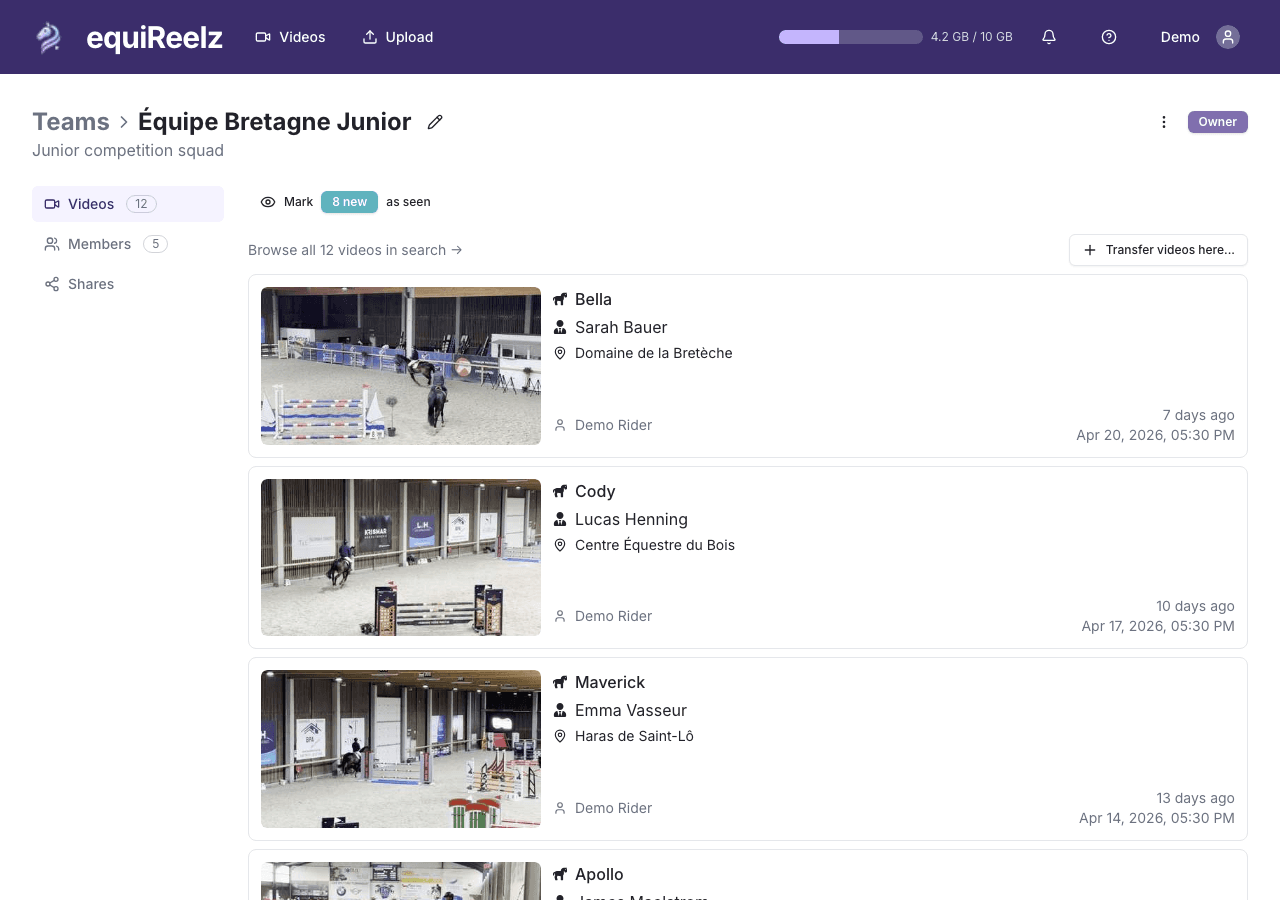 Team page — invite riders, grooms, trainers, share videos
