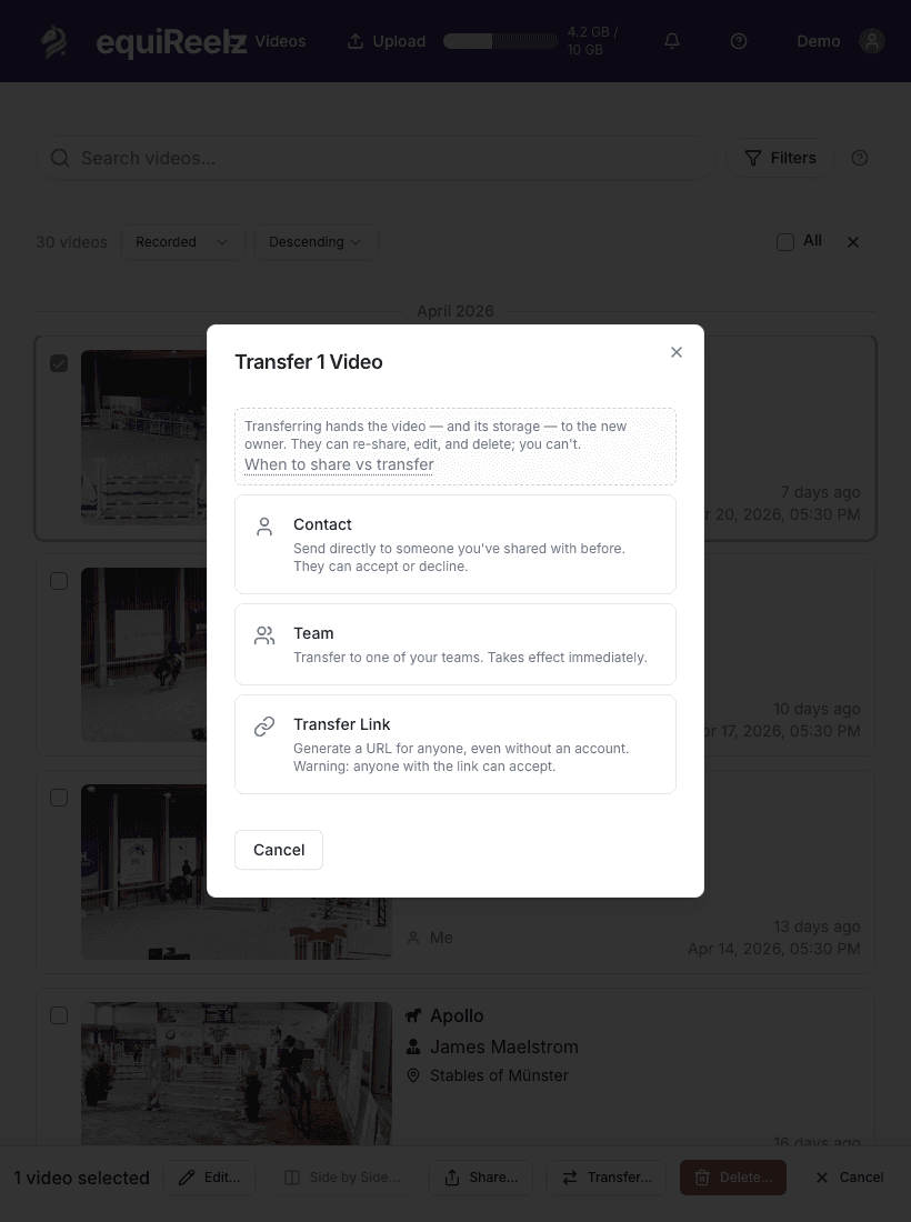 Transfer dialog — send video ownership to another rider or team