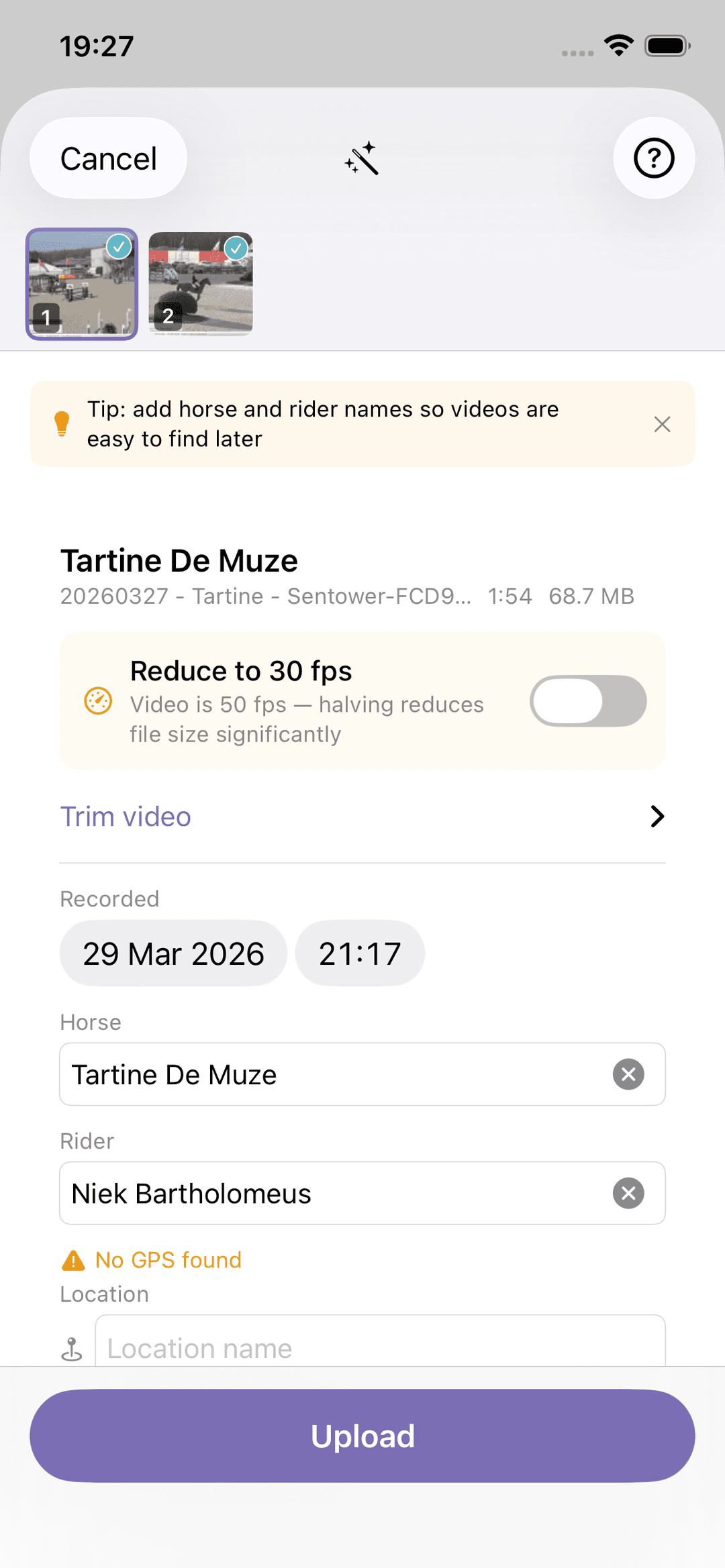 Upload sheet on iPhone — tag horse, rider, trim before upload