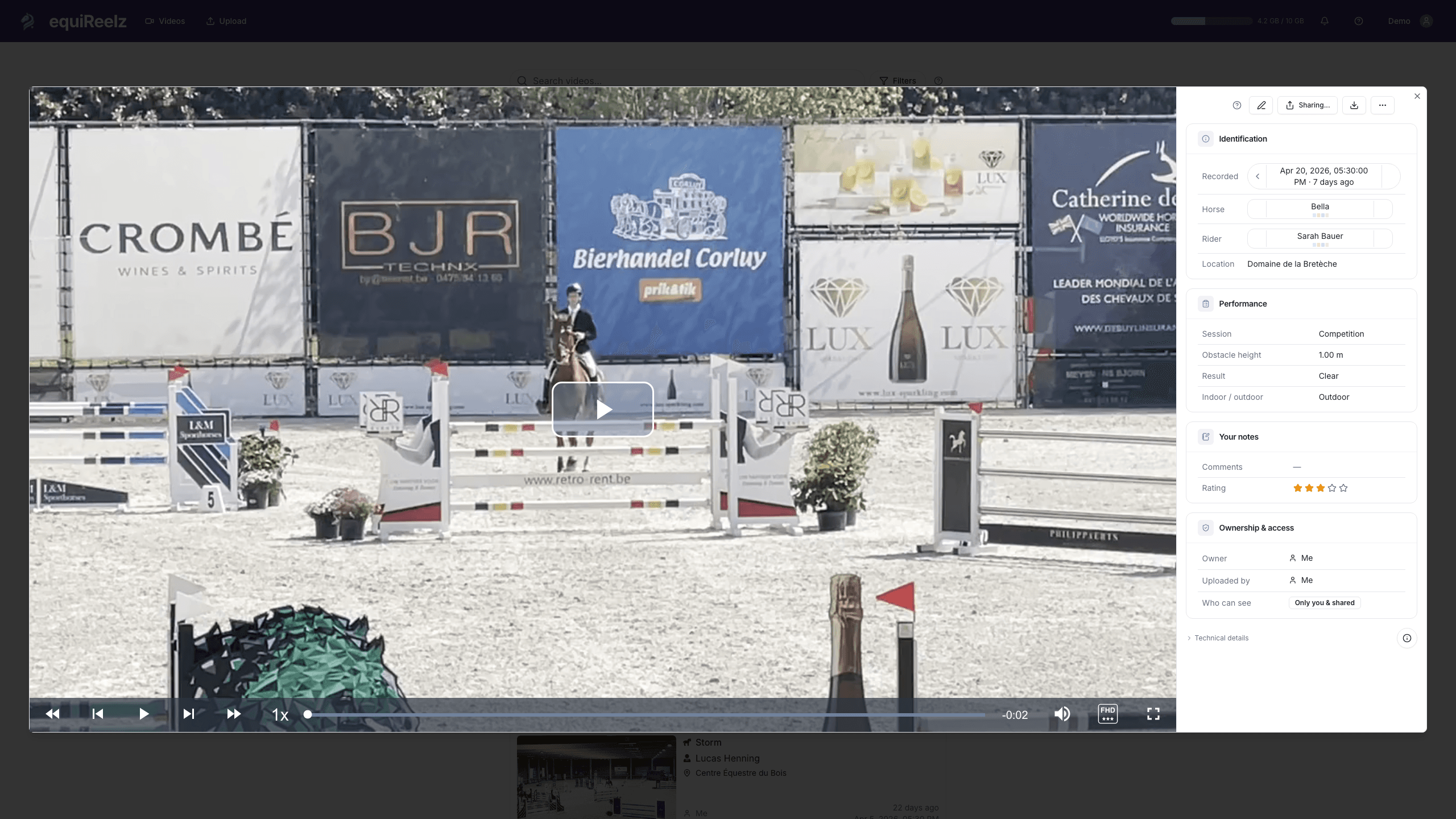 Video player popup with metadata sidebar — frame-by-frame, quality selector, ratings, sharing