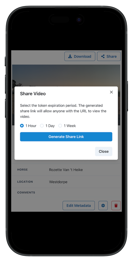 Equestrian video sharing dashboard showing secure sharing options