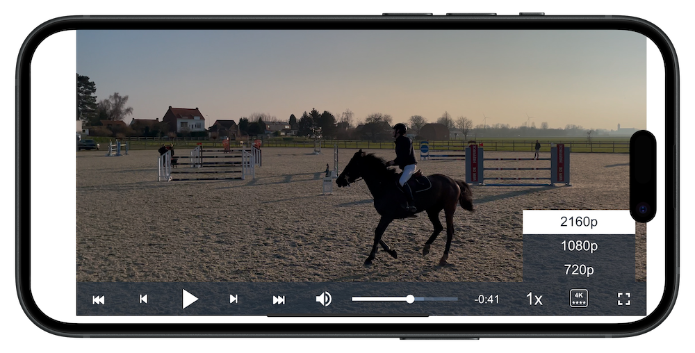 Equestrian video analysis dashboard showing frame-by-frame playback and slow motion controls