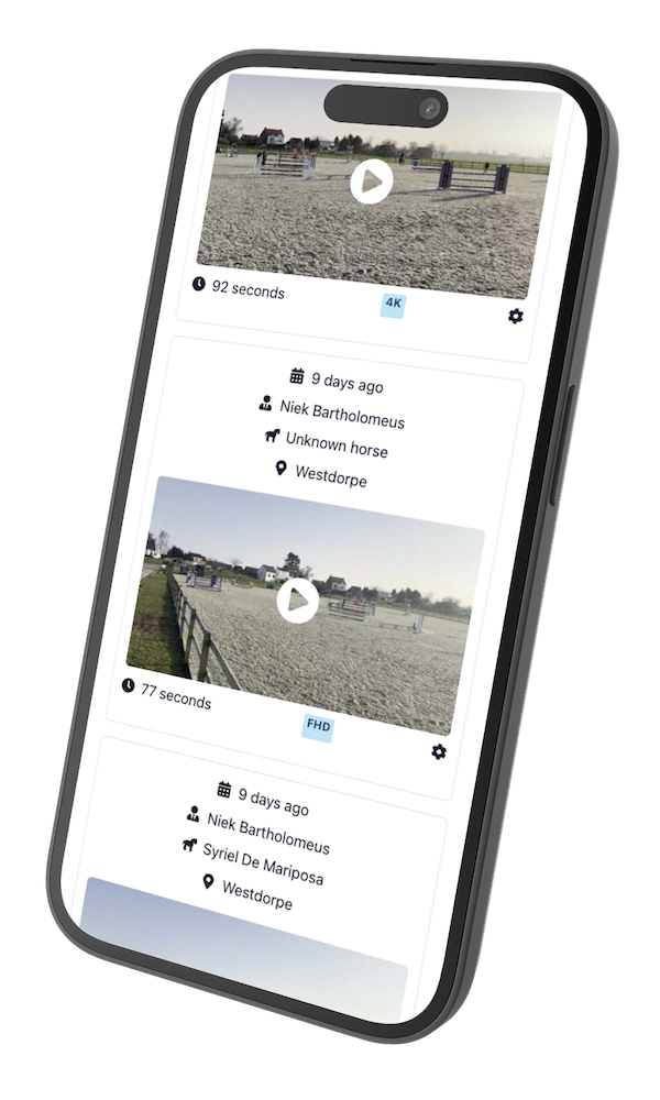 Equestrian video storage dashboard showing HD and 4K options